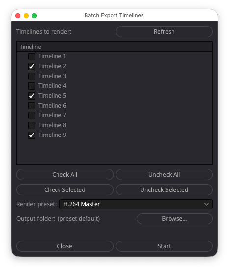 Batch Export Timelines panel in DaVinci Resolve